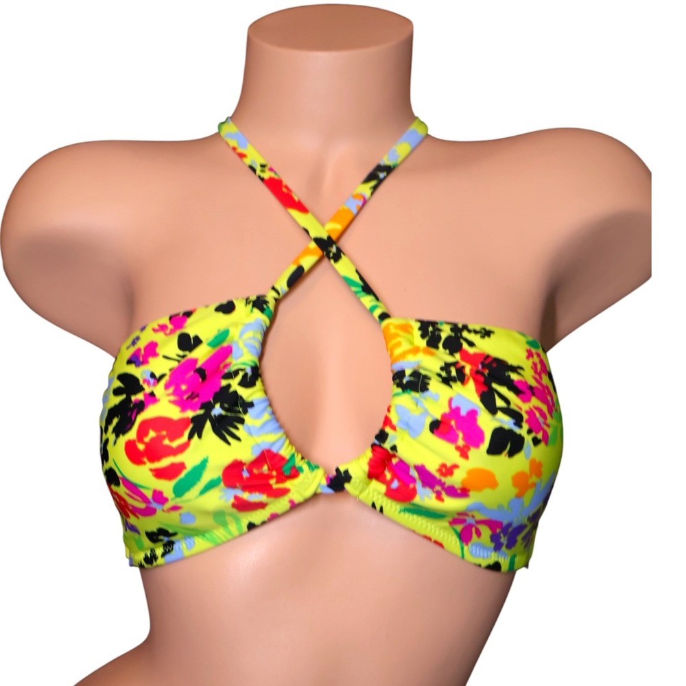 Bar III Floral Chic 6-Way Convertible Bikini Top S Citron Neon Floral NWT